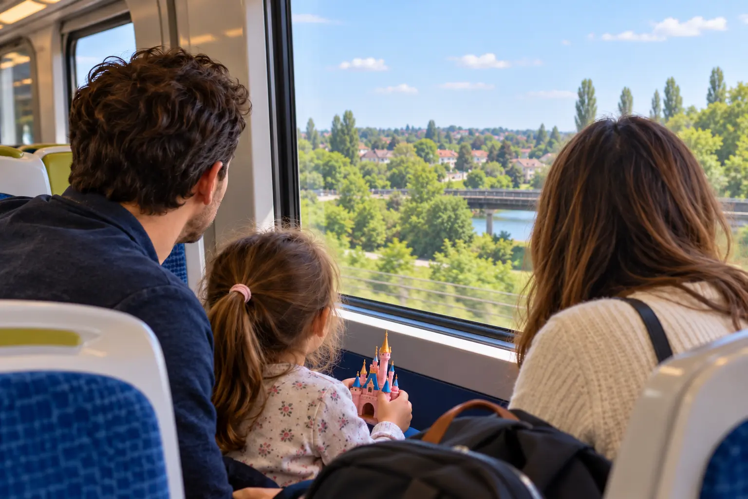 Tren penceresinden dışarı bakan aile ve çocuğun elinde oyuncak şato