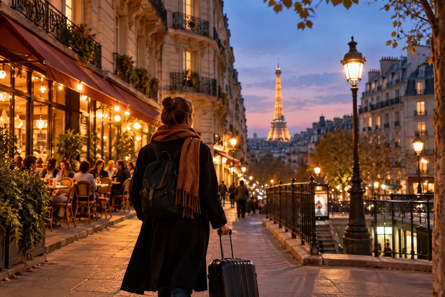 Akşam ışıklarıyla aydınlanan Paris esintili sokakta valizli gezgin