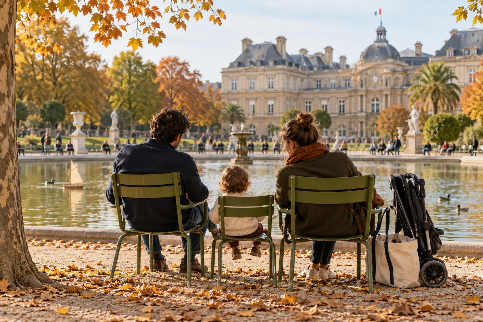 Paris bahçesi esintili bir sahnede yeşil sandalyelerde dinlenen aile
