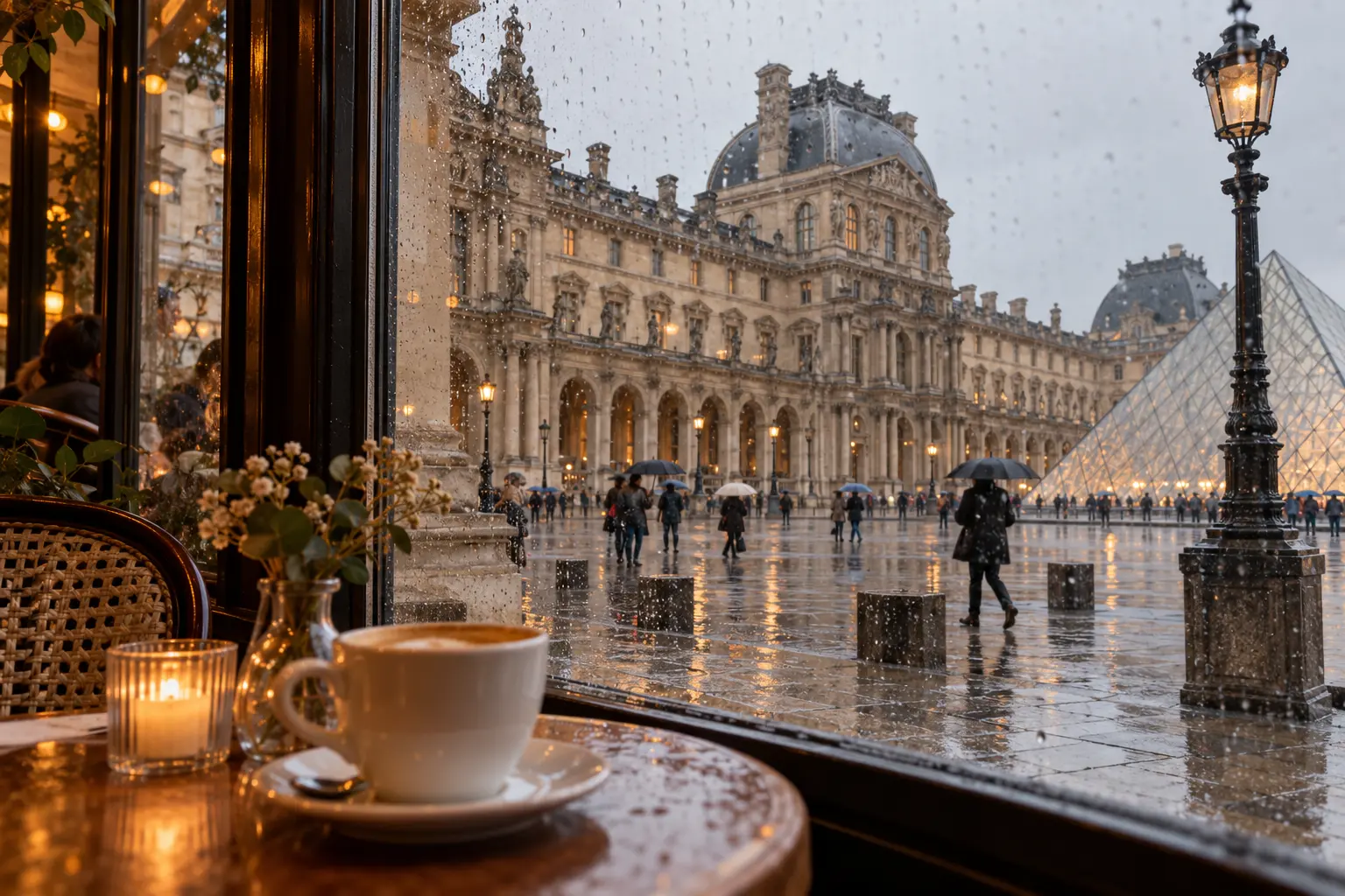 Yağmurlu Louvre esintili avluya bakan pencere önünde kahve