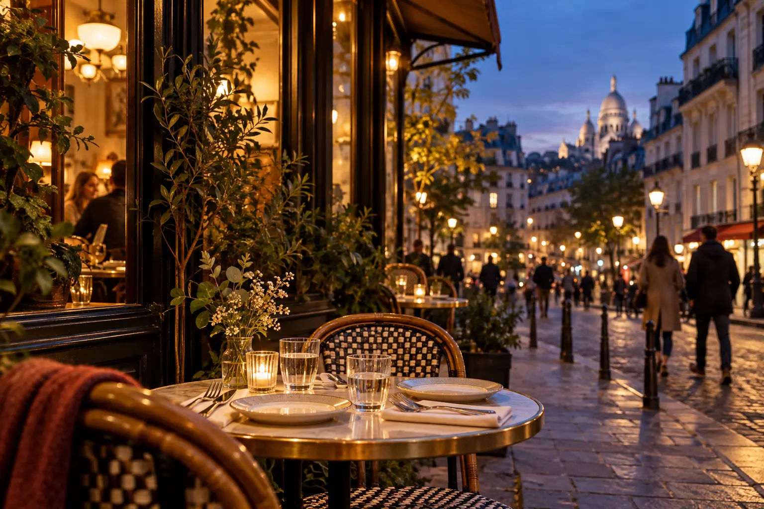 Akşam ışığında Paris esintili terasta iki kişilik masa