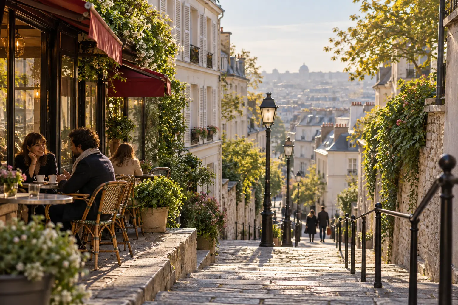 Sabah ışığında Montmartre esintili basamaklı bir sokak