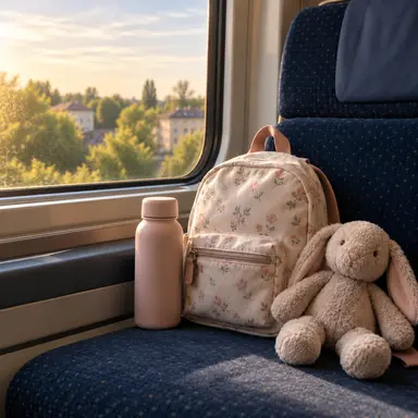 Tren koltuğunda küçük sırt çantası ve oyuncak